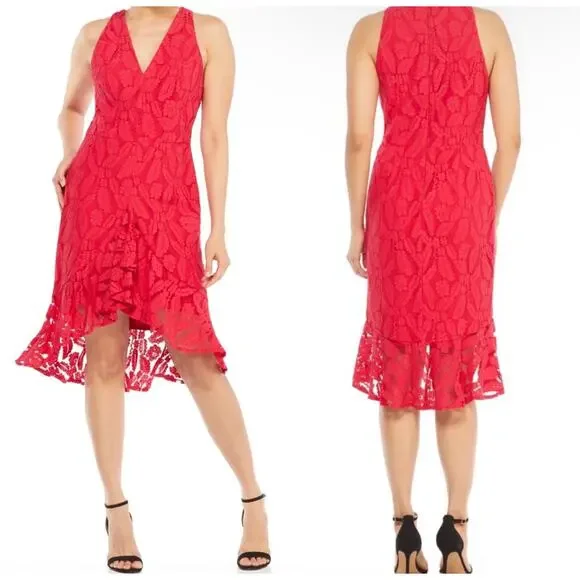 Maggy London Red Lace Sleeveless V-Neck Cocktail Dress Size 2 - Picture 1 of 11